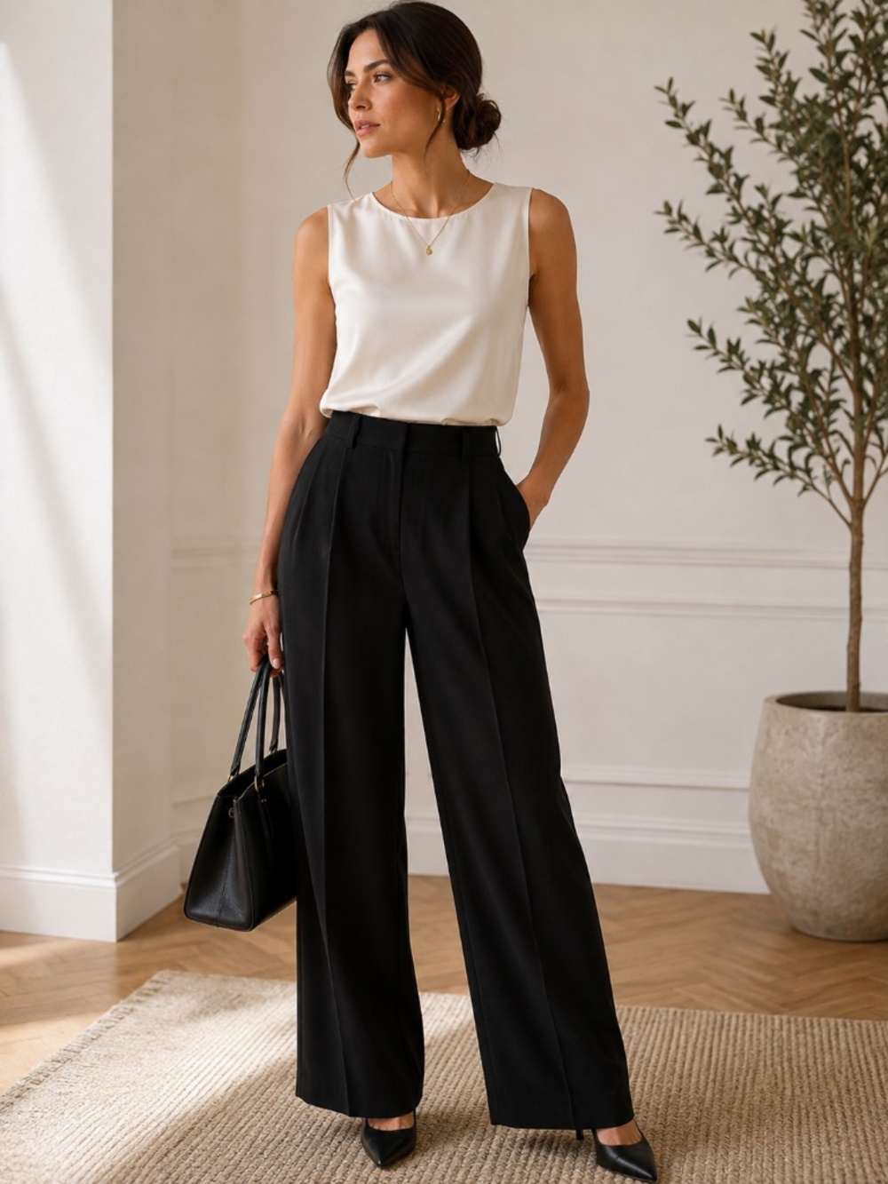 Dana Buchman Black 100% Pure Wool High Waist Pleated Wide Leg Pants Size 8